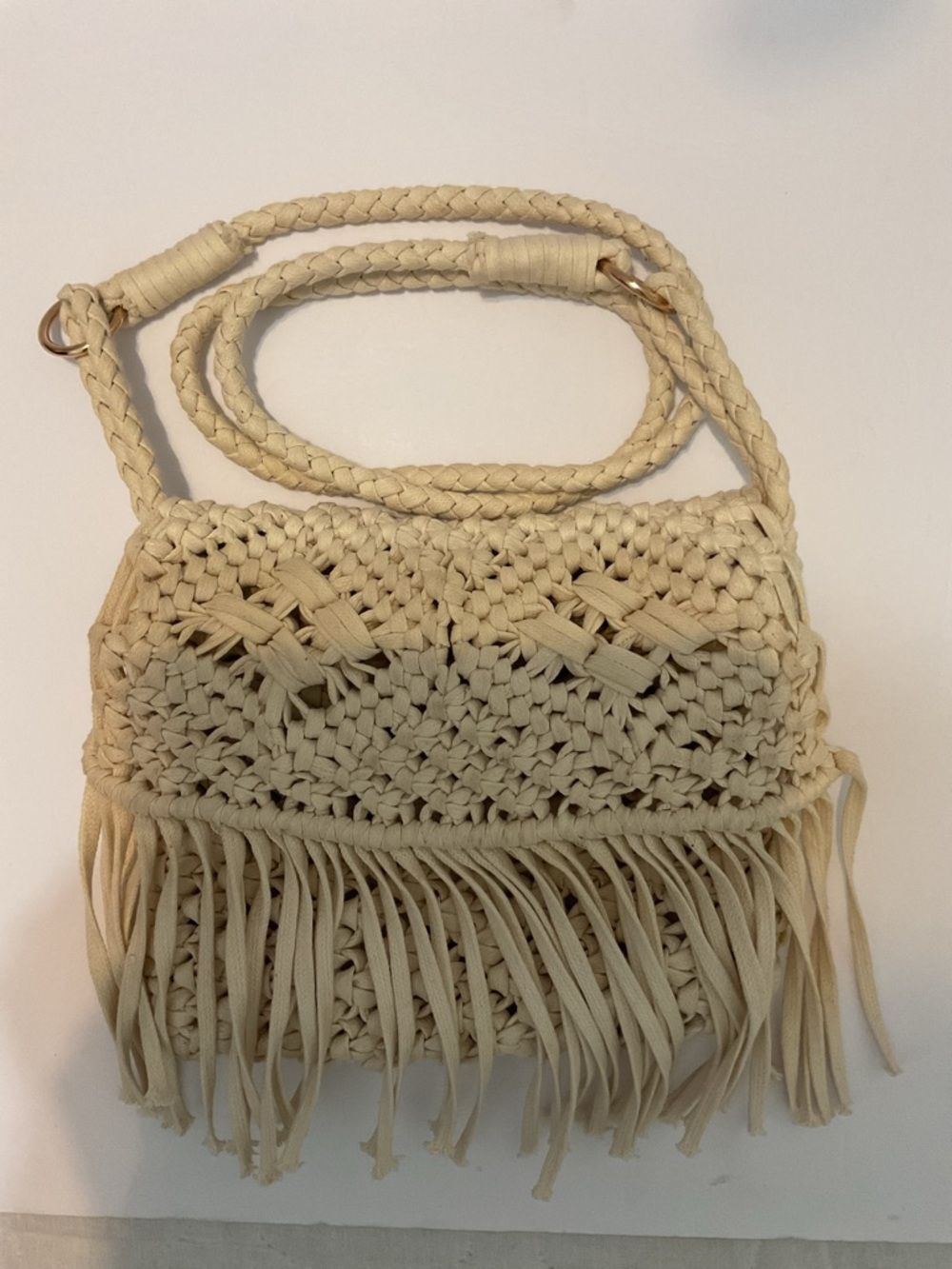 Vintage Boho Macrame Cream Crossbody Crochet w/ Braided Strap & Fringe Details